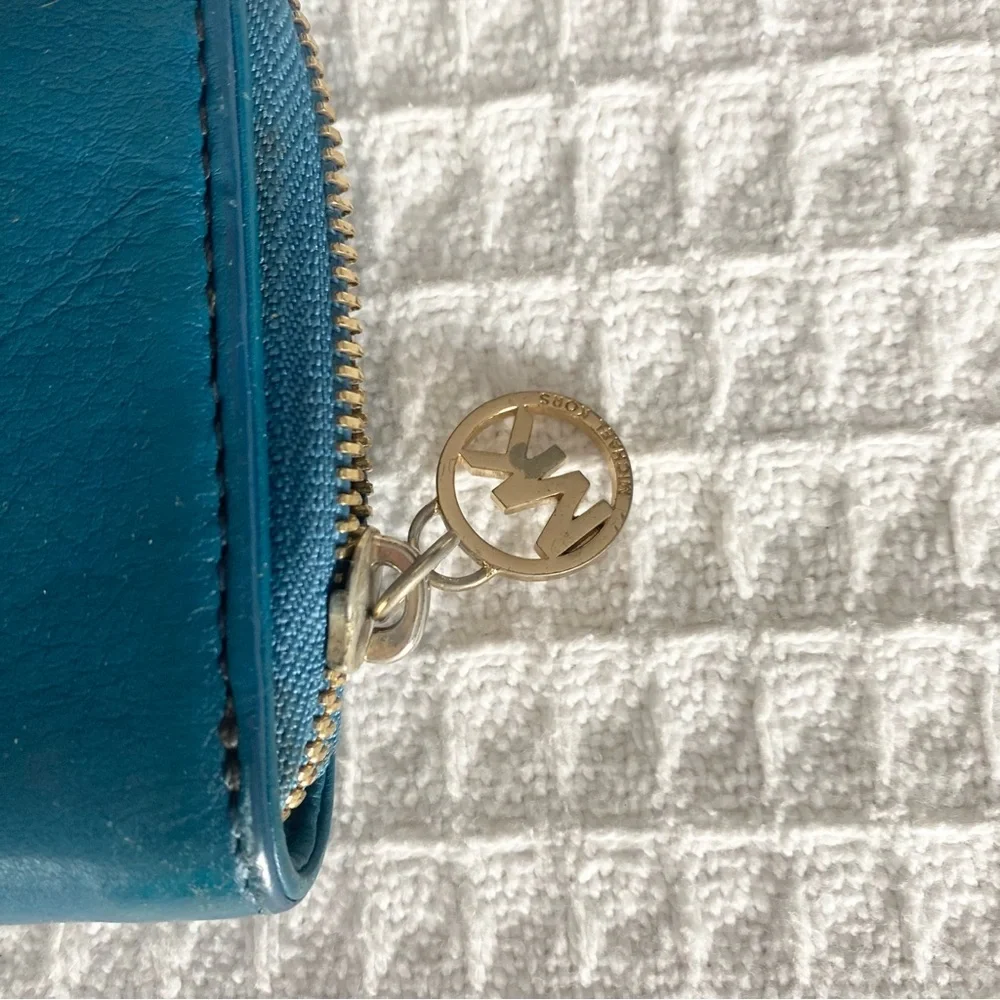 Michael Kors Teal Zip-Around Leather Wallet with Gold Plaque